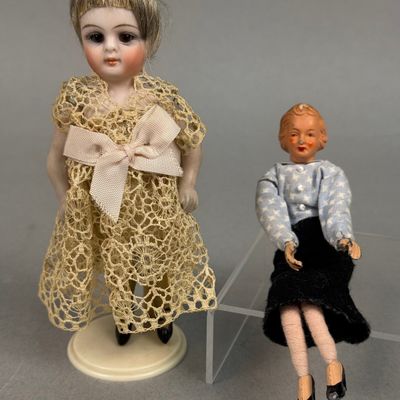 All-Bisque Miniature Doll & Articulated Cloth Doll