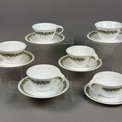 Corelle Spring Blossom Green Hook Handle Cups & Saucers