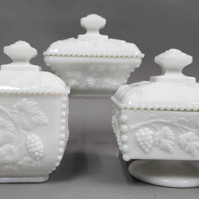 Westmoreland Milk Glass Beaded Grape Canisters