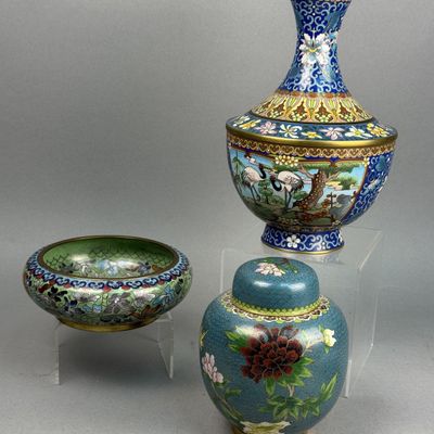 Chinese Cloisonne Enamel Vases & Bowl