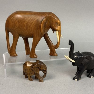 3 Hand Carved Wood Elephant Figurines