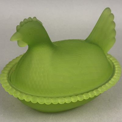 Frosted Green Glass Hen on Nest Covered Dish