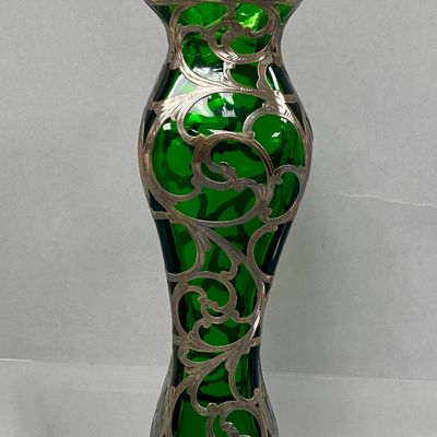 Alvin Sterling Overlay Emerald Green Glass Vase