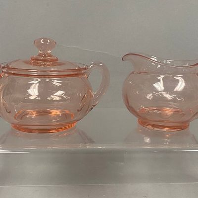 Heisey Flamingo Yeoman Pink Glass Creamer & Sugar Set