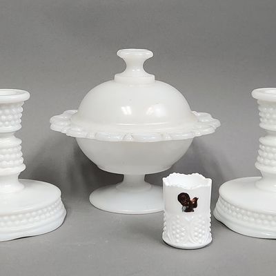 Milk Glass Hobnail Candlesticks & Lidded Compote