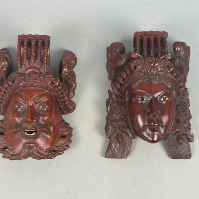 Chinese Carved Wood Emperor & Empress Wall Masks