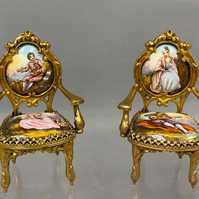 Gilt Metal & Enamel Miniature Rococo Armchairs