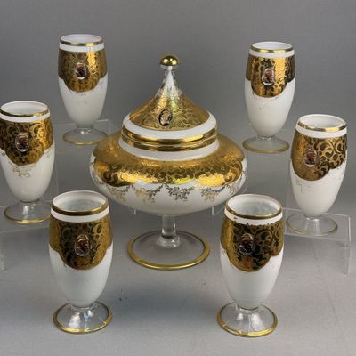 Gilt White Glass Footed Compote & Glasses