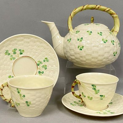 Belleek Shamrock Porcelain Basketweave Tea Set