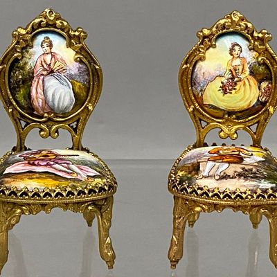Enamel & Gilt Metal Miniature Galante Salon Chairs