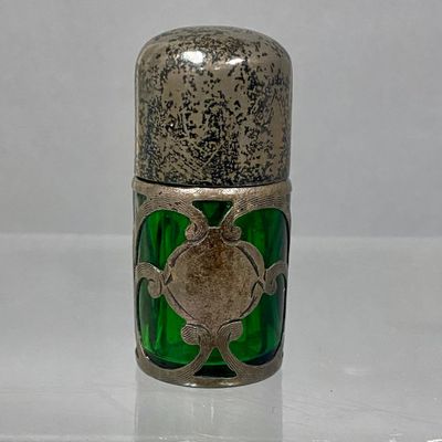 Sterling Silver Overlay Green Glass Scent Bottle