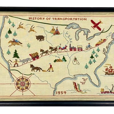 Framed 1954 History of Transportation Cross-Stitch Sampler