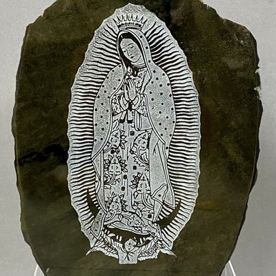 Etched Obsidian Our Lady of Guadalupe Tabletop Sculpture