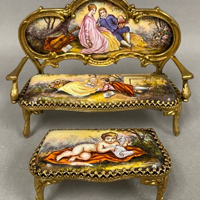 Gilt Metal & Enamel Miniature Settee & Footstool
