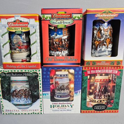 6 Budweiser Ceramarte Clydesdale Holiday Steins