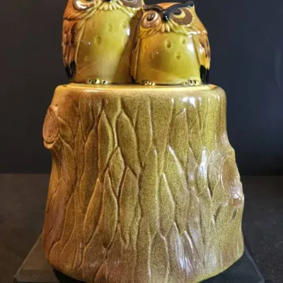 "Owls on a Tree Stump" Ceramic Cookie Jar