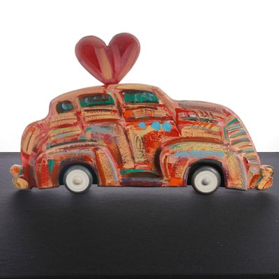 Frank Romero, Carro con Corazon, Oil Painted Wood Sculpture, Signed