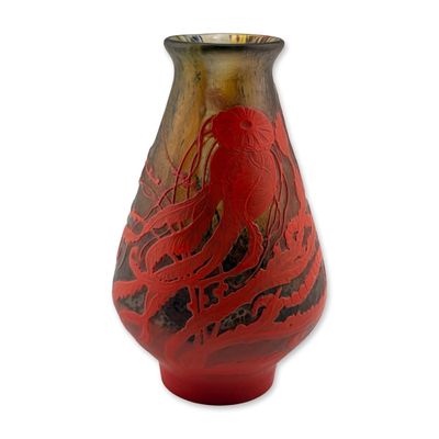 Emile Galle Art Nouveau Wheel Cut Glass Underwater Marine Scene Vase, Fond Marin