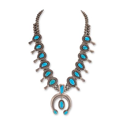 Chester Kahn Navajo Sterling Silver Turquoise Squash Blossom Necklace