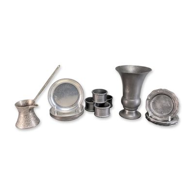 17pc Vintage Pewter and Metal Tableware