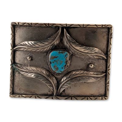 Navajo Style Silver Tone Metal and Turquoise Belt Buckle