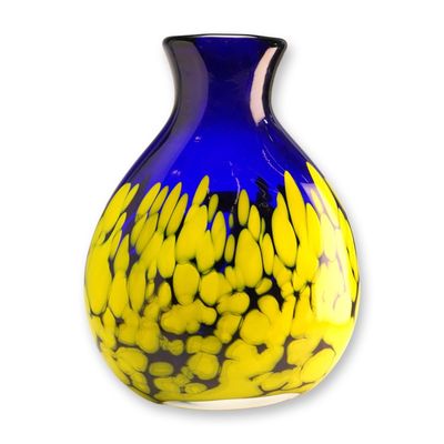Makora Krosno Hand-Blown Cobalt Blue and Yellow Spatter Art Glass Vase
