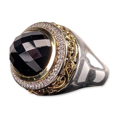 14K/16K Gold, Sterling Silver, Onyx and Diamond Two-Tone Ring