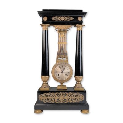 French Empire Ebonized and Ormolu Pendulum Portico Mantel Clock