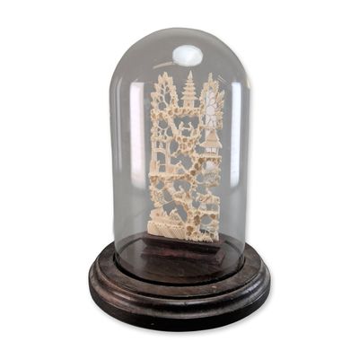 Chinese Carved Bone Architectural Landscape Diorama with Glass Cloche