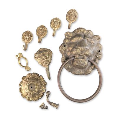 9pc Cast Brass Lion Motif Door Knocker and Hooks