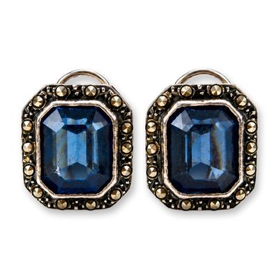Pair of Art Deco Style Blue Stone and Marcasite Sterling Silver Earrings
