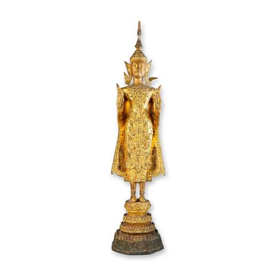 Antique Gilt-Brass Figure, Standing Royal Thai Buddha, Phra Song Khruang