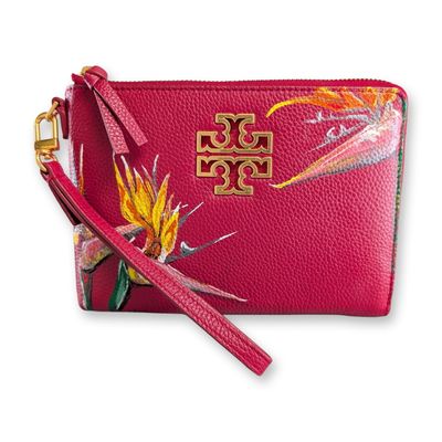 Tory Burch Redstone Leather Britten Large Zip Pouch w/ Hand Painted Birds of Paradise