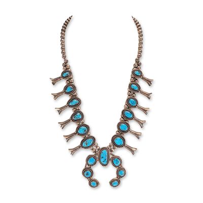 Navajo Style Sterling Silver and Turquoise Squash Blossom Necklace