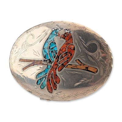 Navajo Silver-Toned Metal Chip Inlay Birds Belt Buckle