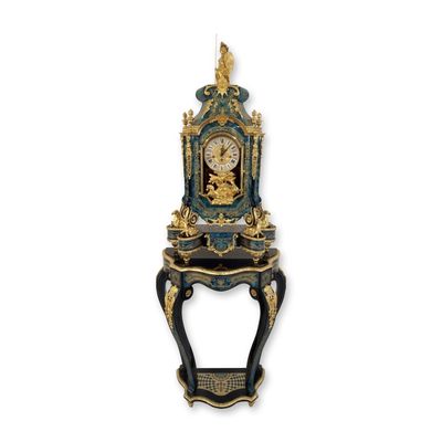 Le Ore Italian Boulle Style Rococo Revival Marbled Pedestal Clock with Stand