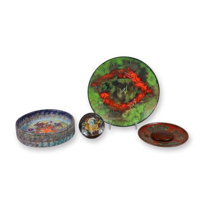 4pc Collection of Mid-Century Modern Decorative Enamel on Copper Wares and Ceramic