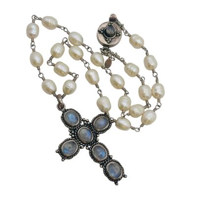 Sterling Pearl Moonstone Cross Pendant