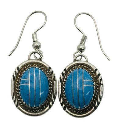 Signed Navajo Sterling Inlay Stamped Earrings
