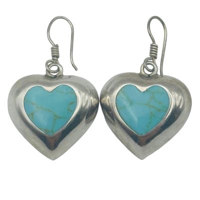 Mexico Sterling Inlay Turquoise Heart Earrings