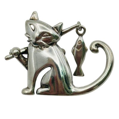 Sterling Cat And Fish Brooch