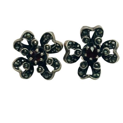 Sterling Garnet Marcasite Flower Earrings