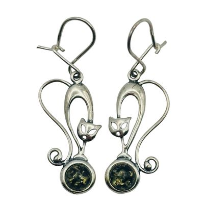Sterling Amber Cat Earrings