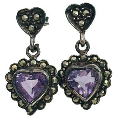 Sterling Amethyst Marcasite Heart Earrings