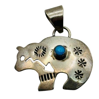 Signed Native Sterling Turquoise Spirit Bear Pendant