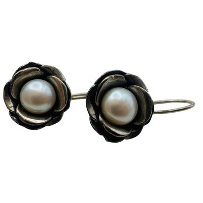 Israel Sterling Pearl Flower Earrings