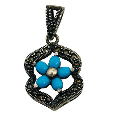 Sterling Turquoise Marcasite Flower Pendant
