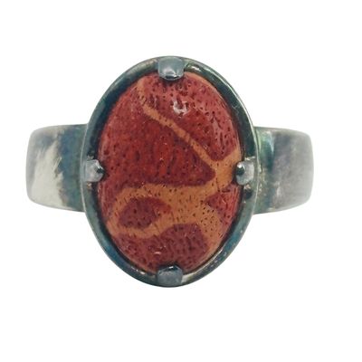 Sterling Coral Oval Ring Sz 6