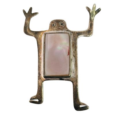Signed WOODS Sterling Mother Of Pearl Frog Brooch