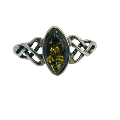 Sterling Amber Celtic Knot Ring Sz 8
